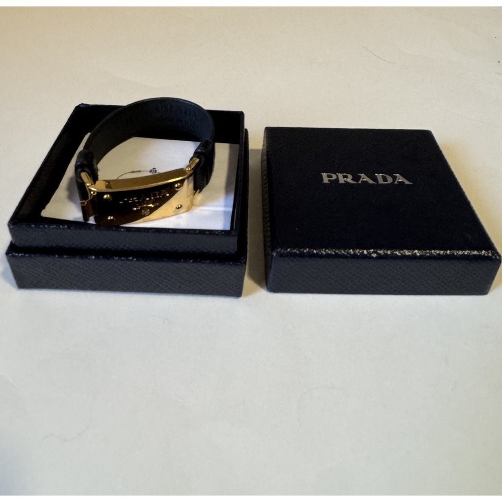 Prada Gold Plaque Bracelet Black Leather - Picture 2 of 9